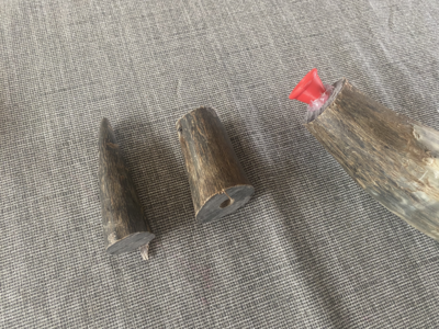 Tip and a section cut from the water buffalo horn, and a mouthpiece glued into the resulting hole.